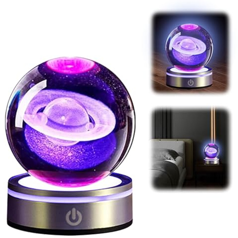 3D Planeten Kristallkugel, 3D Kristallkugel Nachtlicht 3D Sonnensystem Kristallkugel mit Led Bunte Nachtlicht Basis USB-Datenkabel Astronomie Geschenke Planeten Modell für Schreibtischdekoration (C)