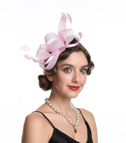 Sinamay Blomma fjäder pannband fascinator bröllop huvudbonader damer race kunglig ascot pillerlåda bröllop cocktail te party derby hatt för kvinnor, B4-rosa, M