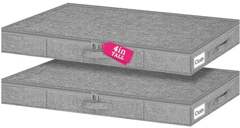 Lot de 2 boîtes de rangement sous le lit à profil bas, 10,2 cm de haut avec parois latérales et fond rigides, panier de rangement peu profond pour vêtements avec couvercle pour canapé, sofa, dortoir
