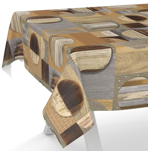 ANRO Nappe en toile cirée - Lavable - Nappe de table de jardin - Imperméable - Bord coupé - Motif patchwork - Marron - 220 x 140 cm