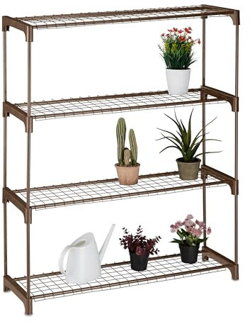 Relaxdays Blumenregal, 4 Ablagen, Blumen- & Pflanzentöpfe, Metall & Kunststoff, HxBxT: 106x91x28 cm, Kräuterregal, braun
