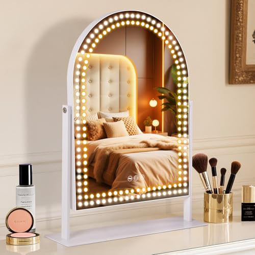 FENCHILIN Bogen Schminkspiegel mit Beleuchtung 30×41 cm Hollywood Spiegel mit Beleuchtung mit 3 Lichtmodi und Touchscreen 360° drehbarer beleuchteter Makeup Spiegel in Weiß
