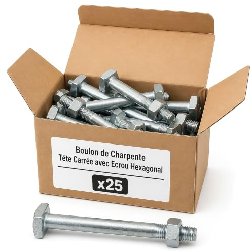 25 Boulons Charpente tête carrée Z, Ecrous diamètre 16 mm - Longueur 350 mm - Diamètre 16 mm