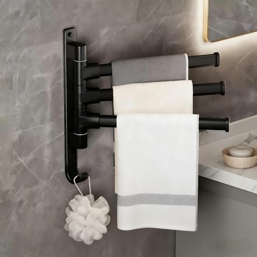 Porte Serviette Salle de Bain avec Rotation 180° - Support Mural 3 Barres en Aluminium, Idéal pour Petites Surfaces&Bain & Cuisine -Noir