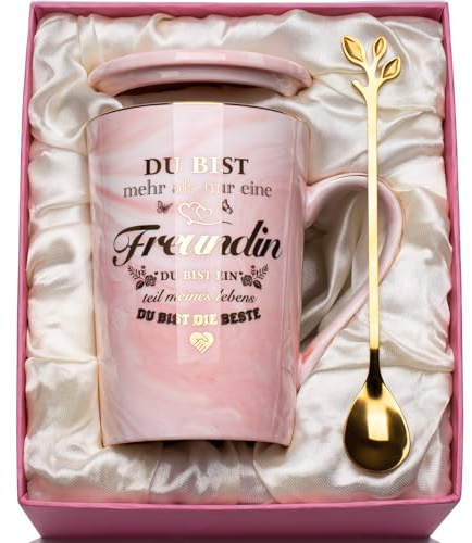 Geschenke für Freundin Frauen Tasse 400ml, Beste Freundin Geschenke, Geburtstagsgeschenk für Freundi-n Marmor Keramiktasse Geschenk Freundi-n Geburtstag, mit Goldaufdruck, Deckel, Löffel, Geschenkbox