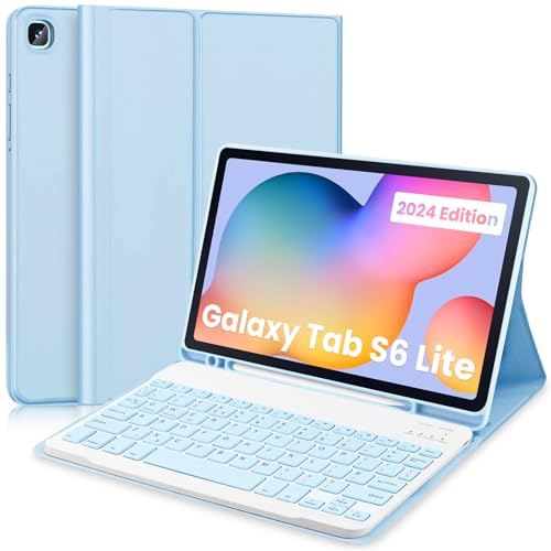 Keyboard Case for Samsung Galaxy Tab S6 Lite 10.4 2024, Blue | Leather Cover with Magnetically Detachable Wireless Keyboard with S-Pen Holder for Galaxy Tab S6 Lite 10.4 2024/2022/2020