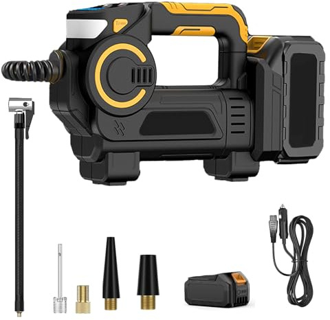 Cordless Air Compressor with 1 Battery and 4 Nozzles, Cordless Tyre Inflator for Makita 18V, Portable Electrical Tyre Pump with Digital Pressure Gauge Autostop Function for Cars Motors Bicycles Balls
