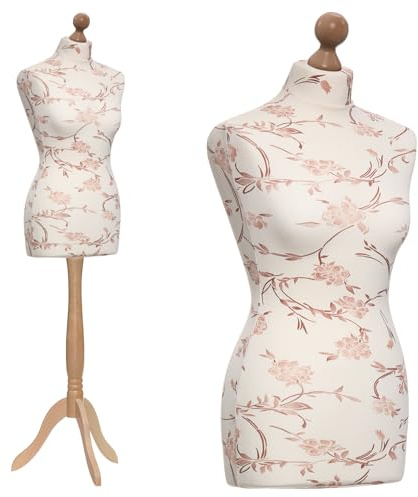 DummyDoll Schneiderpuppe weiblich Größe 34/36, Überzug Creme braune Blumen, Holzdreibein Buche