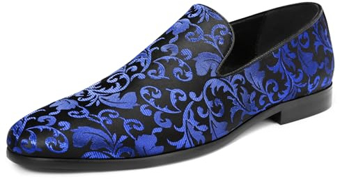 YFFUSHI Mockasiner för män lyx broderade låga loafers komfort slip-on platta skor för bröllop ceremoni, Blå, 40 EU
