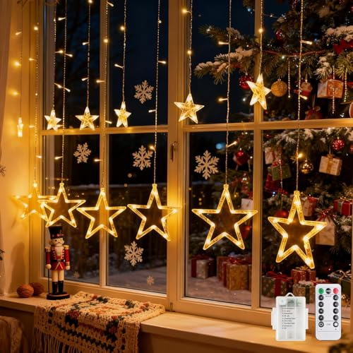 Lichtervorhang Fenster Weihnachten Sterne,2.5M 138 LEDs Lichterkette Sterne Batterie,Lichtervorhang Weihnachtsbeleuchtung mit 8 Modi und Fernbedienung,LED Stern Vorhang Lichter für Weihnachtsdeko