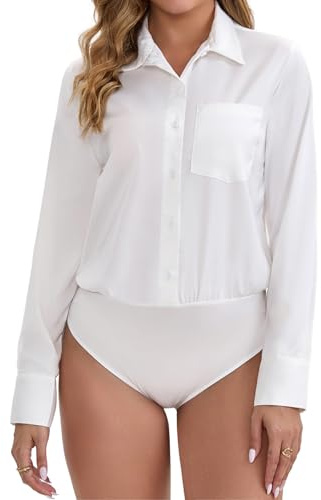 MISMI Womens Bodysuit Blouse Button Down One-Piece Long Sleeve Solid Office Work Shirt Casual Tops White X-Large