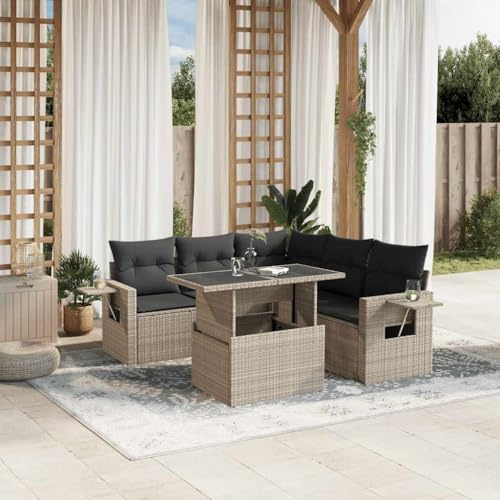 QJBSAVVA Ensemble de 6 meubles de jardin en rotin polyéthylène gris clair 62 x 62 x 69 cm avec étagères rabattables, table suspendue et coussins en polyester, groupe de sièges modulables pour