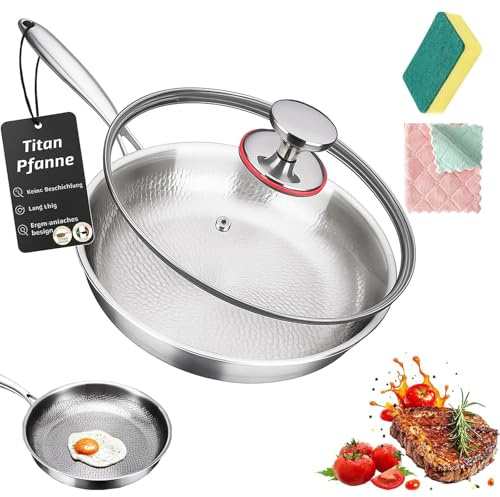 Generisch Poêle en titane non revêtue de qualité supérieure Titanium Pro - 20/24/26/28/30 cm - Poêle multifonction robuste et durable - Compatible avec l'induction - Avec couvercle - 20 cm