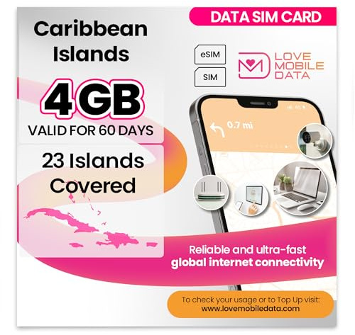 Love Mobile Data Only Sim Card - International Multi-Network 4G/5G Prepaid Data Sim - Mobile Phones, WiFi Routers & More, 23 Caribbean Islands (Bahamas, Dominican Republic, Jamaica) UK - 4GB 60 Days