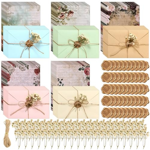Jaloro 200 Pcs Stationary Writing Paper with Envelopes Set 50 Vintage Floral Letter 50 Envelopes 50 Dried Babys Breath 50 Wax Seal Stickers Hemp Ropes Letter Writing Kit Stationery Gifts for Wedding