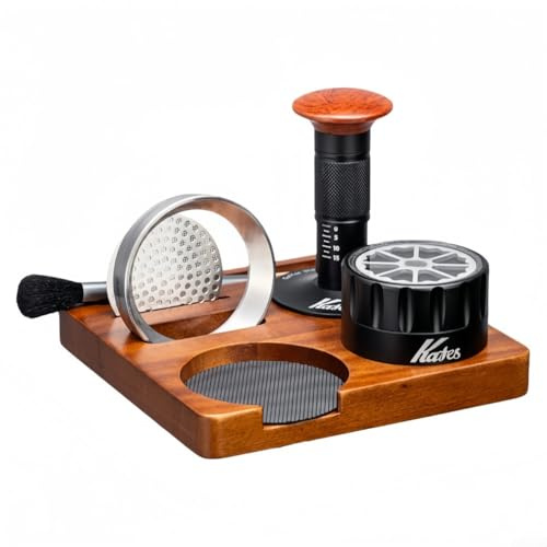 Autilyshop Set di 6 pressini per caffè espresso con stazione di pressatura in legno di noce, distributore di caffè, imbuto dosatore, spazzola per pulizia, schermo per portafiltro da 51 mm e 58 mm, per