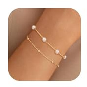 AOSWUD 2 Pulseras de Oro con Perlas para mujer, Pulsera Ajustable Chapada en Oro de 14 quilates Apilable Juego de Cadena de Mano,Regalo para mujeres
