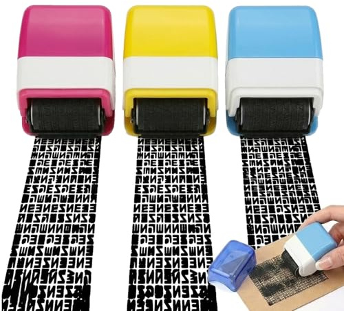 Identity Theft Protection Roller Stamp, Data Defender Roller Stamp for Confidential Document Security, Address Blocker Roller for Bills and Financial Records, Set of Three in Blue Pink and Yellow i