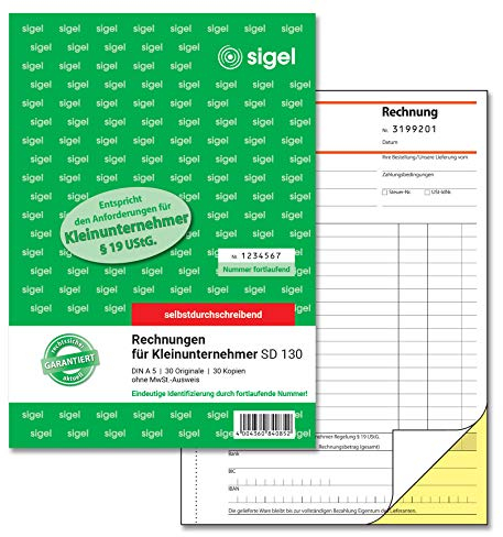 SIGEL SD130 Rechnungen für Kleinunternehmer A5, 2x30 Blatt, selbstdurchschreibend, aus nachhaltigem Papier, Rechnungsblock