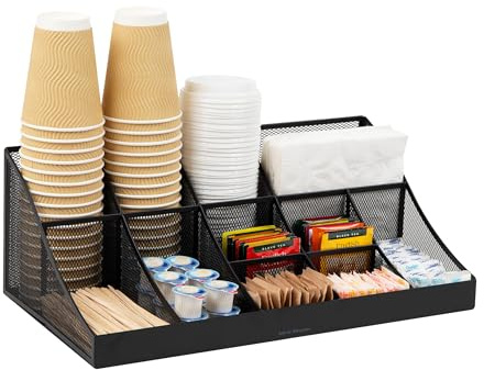 Mind Reader Network Collection, 11-Compartment Coffee Cup and Condiment Countertop Organizer, Metal Mesh, 17.875 L x 9.5 W x 6.625 H, Black