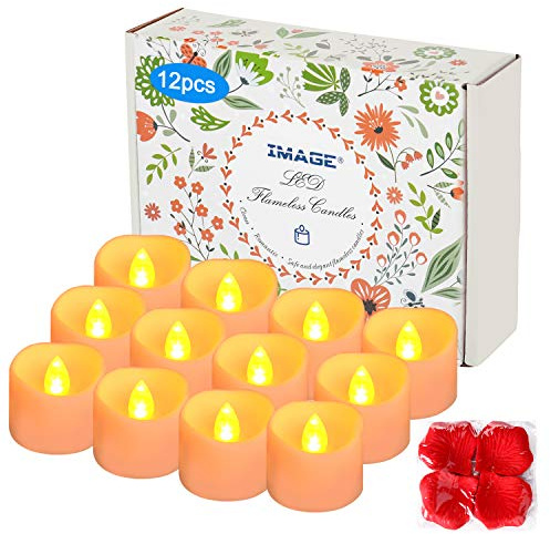 IMAGE LED Kerzen 12 Stück Teelichter mit Timer 6 Stunden an 18 Stunden aus flackernde flammenlose Kerzen mit 100 Rosenblättern (Warmgelb)