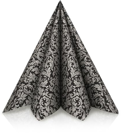 GRUBly® Servietten SCHWARZ-SILBER, Stoffähnlich [50 Stück], Hochwertige Schwarze Servietten, Tischdekoration für Hochzeit, Geburtstag, Feiern, Trauer, 40x40cm, AIRLAID QUALITÄT