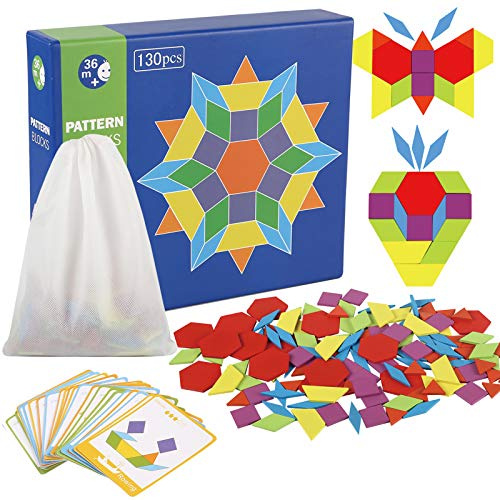 Jacootoys 130 Stück Geometrische Formen Puzzle Tangram Holzmuster Blöcke Set Spielzeug Pädagogisches Geschenk mit 24 Stück Design Karten und Netztasche Für Kinder Mädchen Jungen ab 3 Jahr