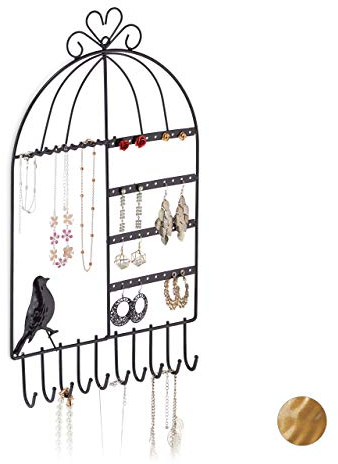 Relaxdays Portagioie da Parete, Collane, Orecchini e Bracciali, con Uccellino Decorativo, HLP: 44,5x25,5x4,5 cm, Nero, Ferro, 1 pz