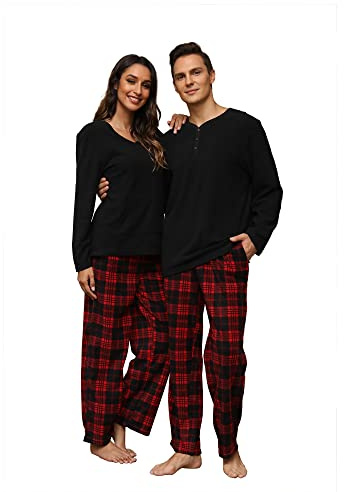 U2SKIIN Schlafanzug Damen Fleece Pyjama lang Karierte Schlafanzüge für Damen Kuschel Pyjama Set warme Nachtwäsche Loungwear (Schwarz/Rot-Schwarz Kariert-W, M)