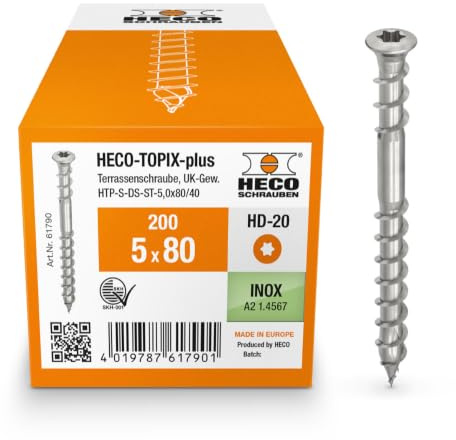 HECO-TOPIX-plus 5 x 80, Terrassenbelagschraube, Linsensenkkopf, HECO-Drive, HD-20, Unterkopfgewinde, Edelstahl A2, 200 Stück