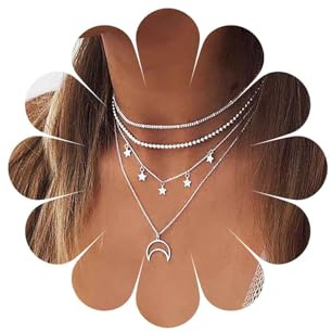 Yienate Bohemian Layered Necklace Dainty Silver Hollow Moon Star Pendant Chunky Link Chain Bead Choker Boho Charm Beach Necklace Jewelry for Women and Girls