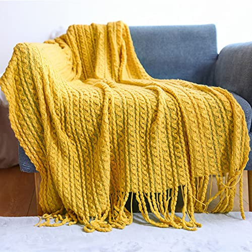 Zoomlie Acryl-Strickdecke mit Fransenquasten, grau, schlicht, modisch, einfarbig, Textur, luxuriöse Decke für Sofas, Couch, Stühle, Reise, Sofa, Bett (gelb, 127 x 152 cm + 15 cm Quaste)