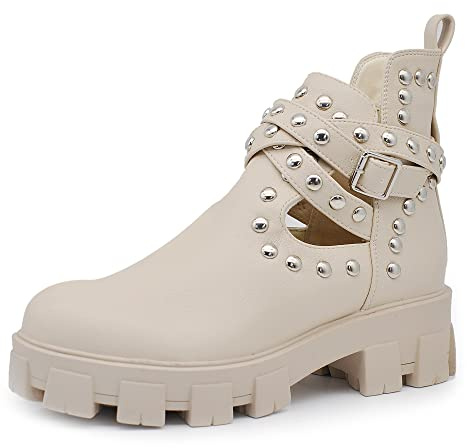 IF Fashion Scarpe da Donna Stivali Stivaletti Biker Fibbie Borchie Primaverili Traforati GR-6608 beige N.39