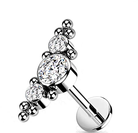 Paula & Fritz® Push-In Labret Piercing Zirkonia Klar Titan-IUM Grade 23 Piercing Kugel 1-mm Stab-Dicke 8-mm Lang Madonna Medusa Monroe Knorpel Ohr-Stecker