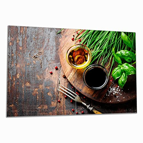 Wallario Herdabdeckplatte/Spritzschutz aus Glas, 2-teilig, 80x52cm mit 8 mm hohen Füßen, für Ceran- und Induktionsherde, Kräuter, Öle und Gewürze auf einem Holzbrett, Küchenzubehör
