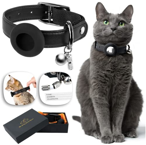 AirTag Katzenhalsband mit Sicherheitsverschluss Elastische Band - Apple AirTag Halsband Katze Leder, Sicheres Katzenhalsband mit Namen. Glocke GPS Katzenhalsband mit GPS Tracker Katze (Schwarz, Groß)
