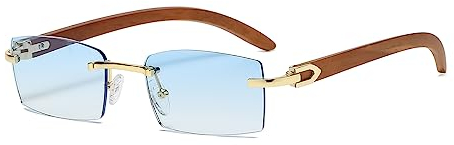 Junsika Randlose Rechteckige Holz Sonnenbrille für Herren und Damen Klassische Retro Holz Blau Sonnenbrille UV400 Schutz