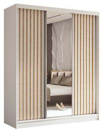 Margaret Hadas24 Kleiderschrank Erika mit Lamellen und Spiegel, Organizer, Mehrzweckschrank, Schwebetürenschrank, Garderobenschrank, Kleiderstange, Kleiderständer, Flurschrank, 180 cm, weiß, braun