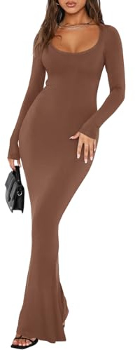 REORIA Womens Sexy Square Neck Long Sleeve Soft Lounge Long Dress Fall Casual Ribbed Bodycon Maxi Dresses