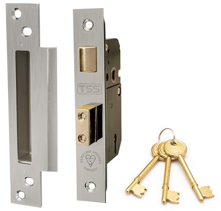 TSS British Standard Mortice Sash Lock Satin Chrome (Silver) 2.5 with 3 Keys and Fixings,Insurance Approved for External Doors, British Standard BS3621:2007