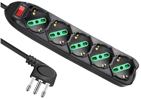 Multipresa Ciabatta Elettrica, Spina Laterale 10A, Prese Universale 10/16A Schuko, Cavo 1.5 Metri, Interruttore Incluso, Max 2500W (5 Posti, Nero)