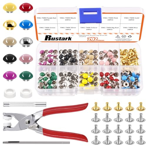 Rustark 200 Sets 7mm Runde Doppelkappe Nieten Set mit 5Pcs Fixierwerkzeug, 10 Farben Ledernieten Metall Hohlnieten Round Cap Leather Rivets für DIY Leder Handwerk Dekorationen