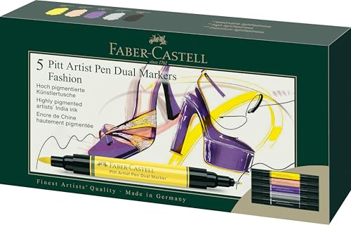 FABER-CASTELL 162006 - Tuschpennor Pitt Artist Pen Dual, 5 markeringspennor med två spetsar – penselspets och fiberspets – filtspennset Fashion
