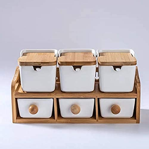 Caja de Especias, Tarro de Especias de cerámica Creativo Minimalista con Tapa de bambú, Caja de Almacenamiento de Sal de Porcelana, Organizador de Cocina, condimentos|Saleros de Mesa, salero