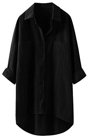 Nidddiv Ladies Long Blouses Lapel Loose Shirts Long Sleeve Button Down Loose Shirt with Pockets Cotton Line Elegant Shirt Lightweight Summer Breathable Shirt Tshirts Women UK Plus Size S-3XL Black