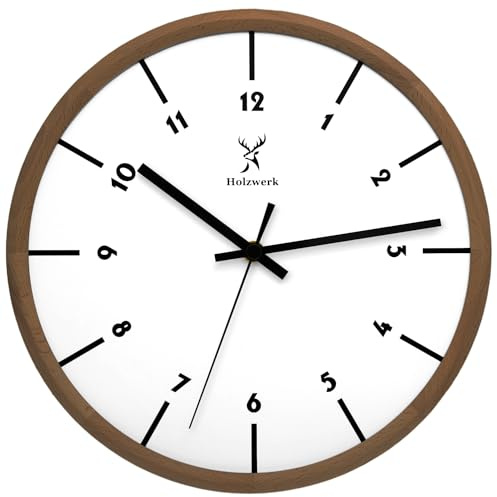 Holzwerk Natur Holz Wanduhr Holz-Uhr Vintage lautloses Uhrwerk ohne Tickgeräusche Braun Weiß lautlos skandinavisches Design aus handgefertigtem Massivholz 32 cm