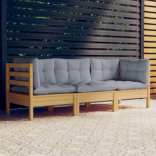YUHI-HQYD 3-Sitzer-Gartensofa mit Grauen Kissen,Entspannungssofa,Schlafsofas,Sessel,Lounge-Sofa,Terrassen-Sofa,Rezeption Sofa,Freizeit im Freien,für Wohnzimmer,Schlafzimmer,Familie, Massivholz Kiefer