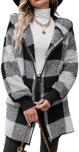 Ranphee Veste Femme Chic et Elegant Hiver Chaude Nior Carreaux Polaire Oversize Sherpa Zippé Longue Manteau à Capuche