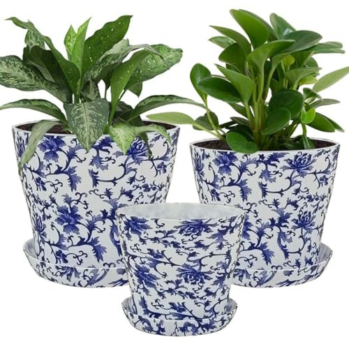 BSTMOME 3PCS Creative Blue and White Flower Pot, Round PP Planters with Drainage Hole and Trays, Retro Planter Pot for Succulents Cactus Flowers Indoor/Outdoor Garden Decor (3 Sizes)