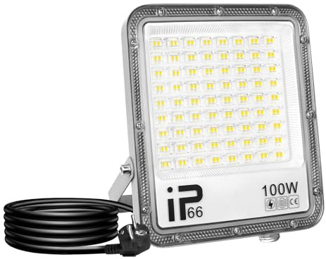 RIGIDON Faro LED da Esterno, 100W 10000LM Faretti Proiettore LED con Spina | 6000K Bianca Fredda, Impermeabile, Faretto LED Esterno, Fari di Sicurezza per Terrazza Giardino Cortile Garage Magazzino